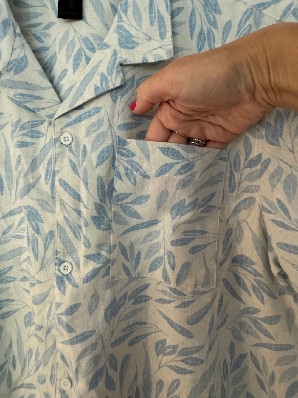 Soulstar Linen-Like Short Sleeve Blue Leaf Print Camp Collar Shirt NWT Med - Picture 4 of 9